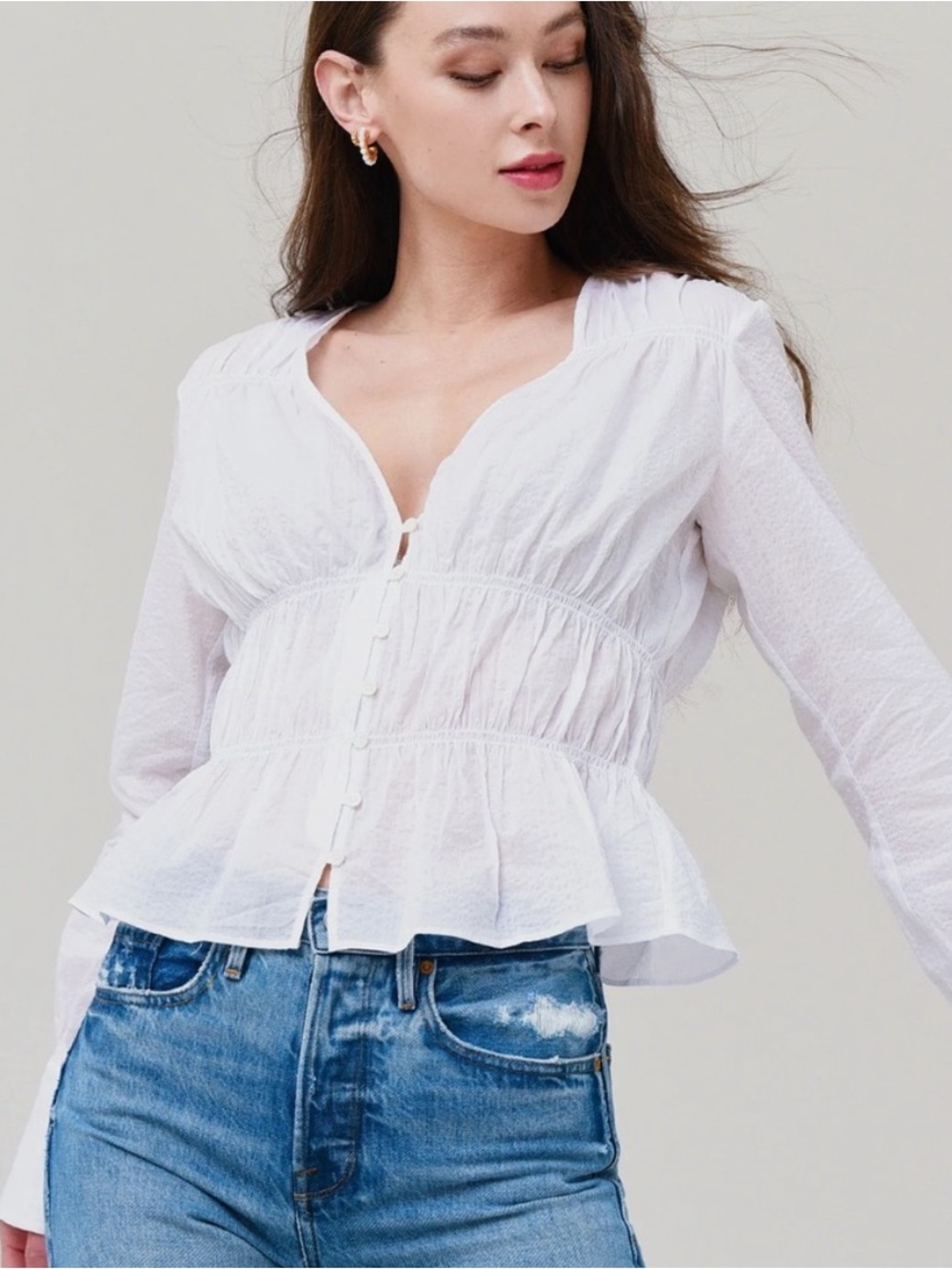 Frame White Crinkle Button-Front V-Neck Blouse